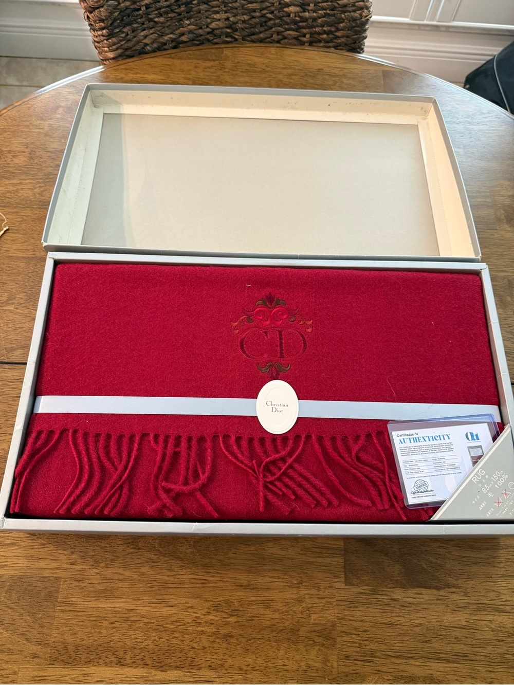 Dior Red Embroidered Wool Wrap/Shawl with Fringe